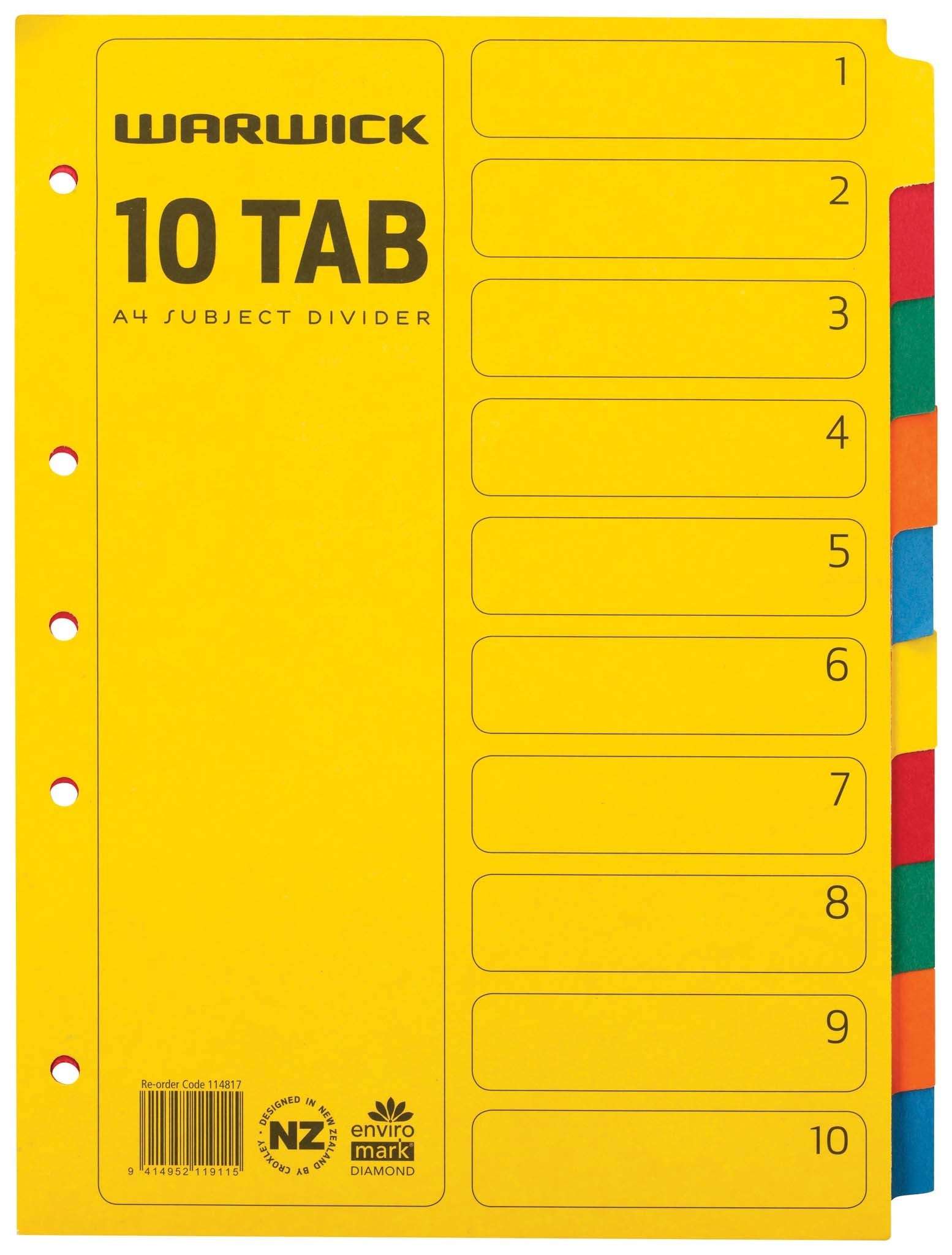 Warwick Divider A4 Subject 10 Tab Coloured